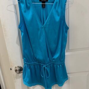 White House Black Market Blue Sleeveless Blouse satin drawstring detail